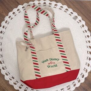 Walt Disney World 1971 Cream Red & Green stripes Large Canvas Tote Bag
